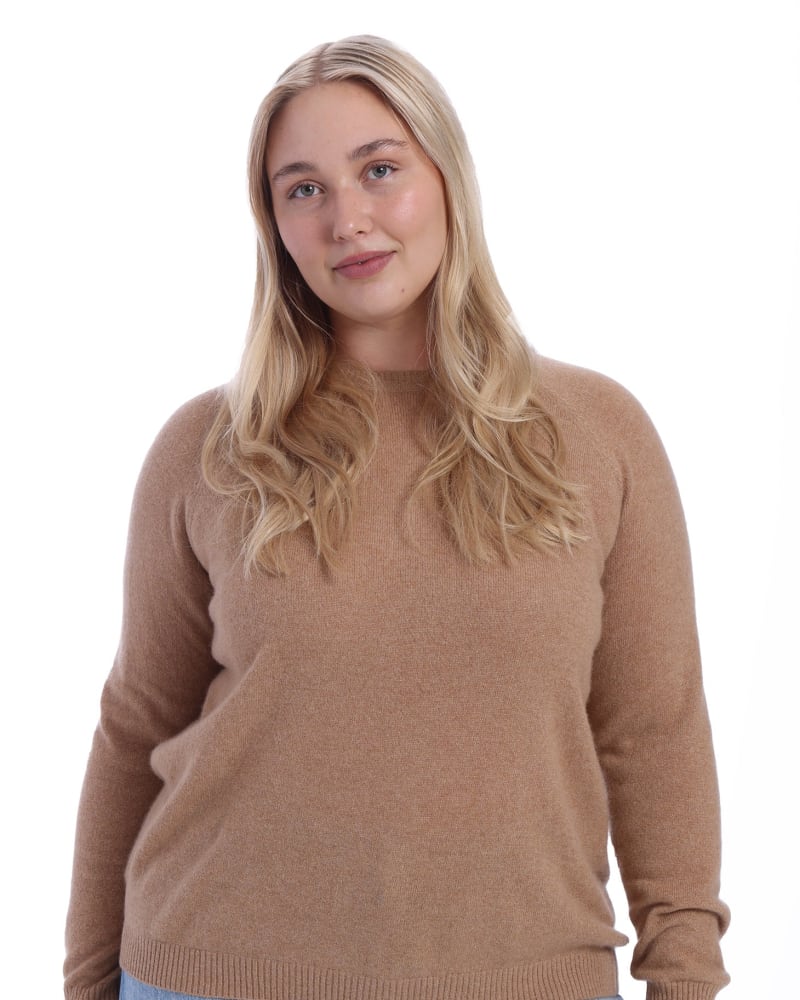 Front of a model wearing a size 1X Cashmere Long Sleeve Shrunken Crew in Camel by Minnie Rose. | dia_product_style_image_id:325040